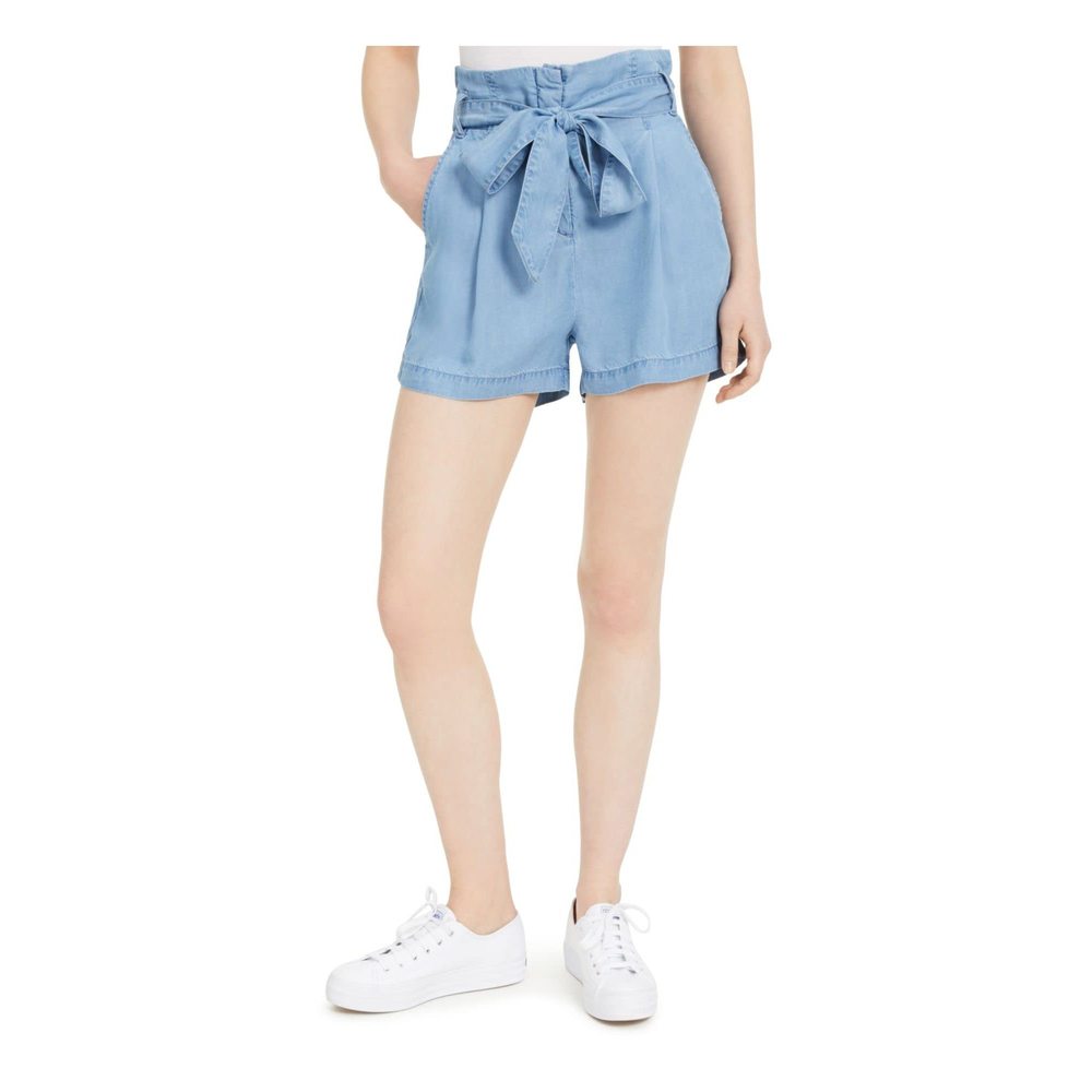 MSRP $49 Numero Women's Paper Bag Draped Tencel Denim Shorts Blue Size Large
